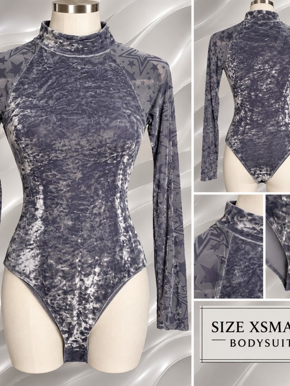 Crushed Velvet Long Sleeve Bodysuit - Slate
